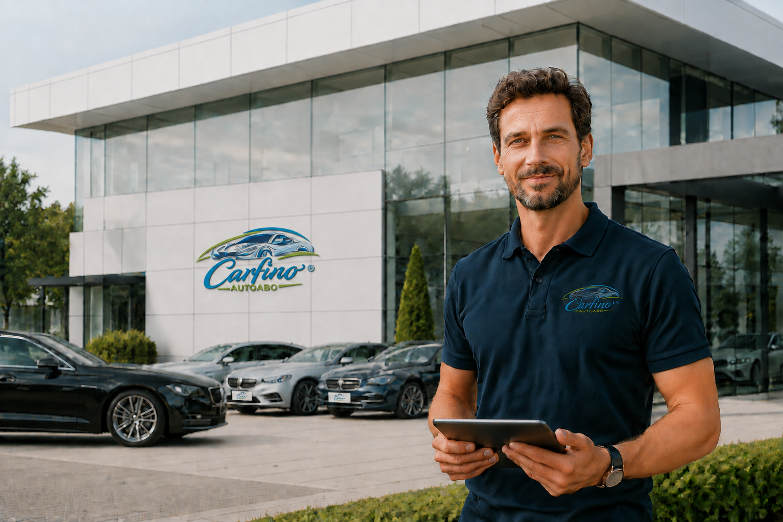 KI-generierter Carfino Ansprechpartner vor einem modernen Geb&auml;ude mit Carfino Logo