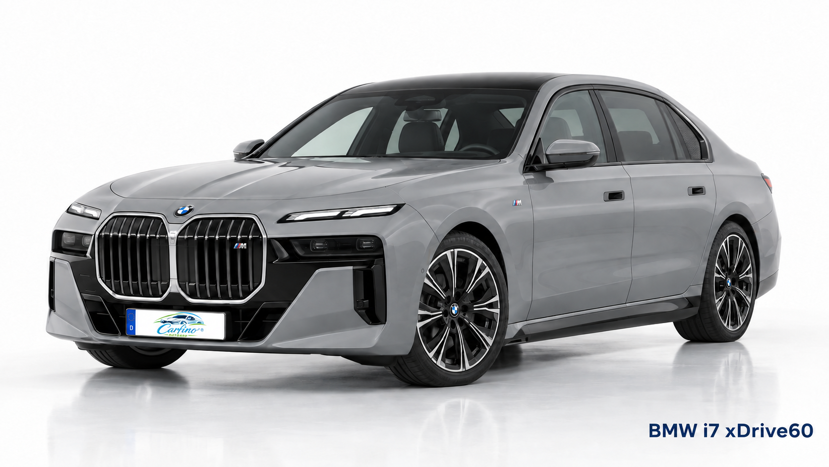 BMW i7 60 xDrive in Brooklyn grau metallic – Frontansicht mit Carfino-Kennzeichen und Modellbezeichnung
