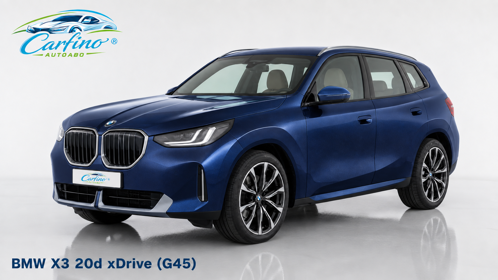BMW X3 20d xDrive (G45) in Tansanitblau – Front mit Carfino-Branding