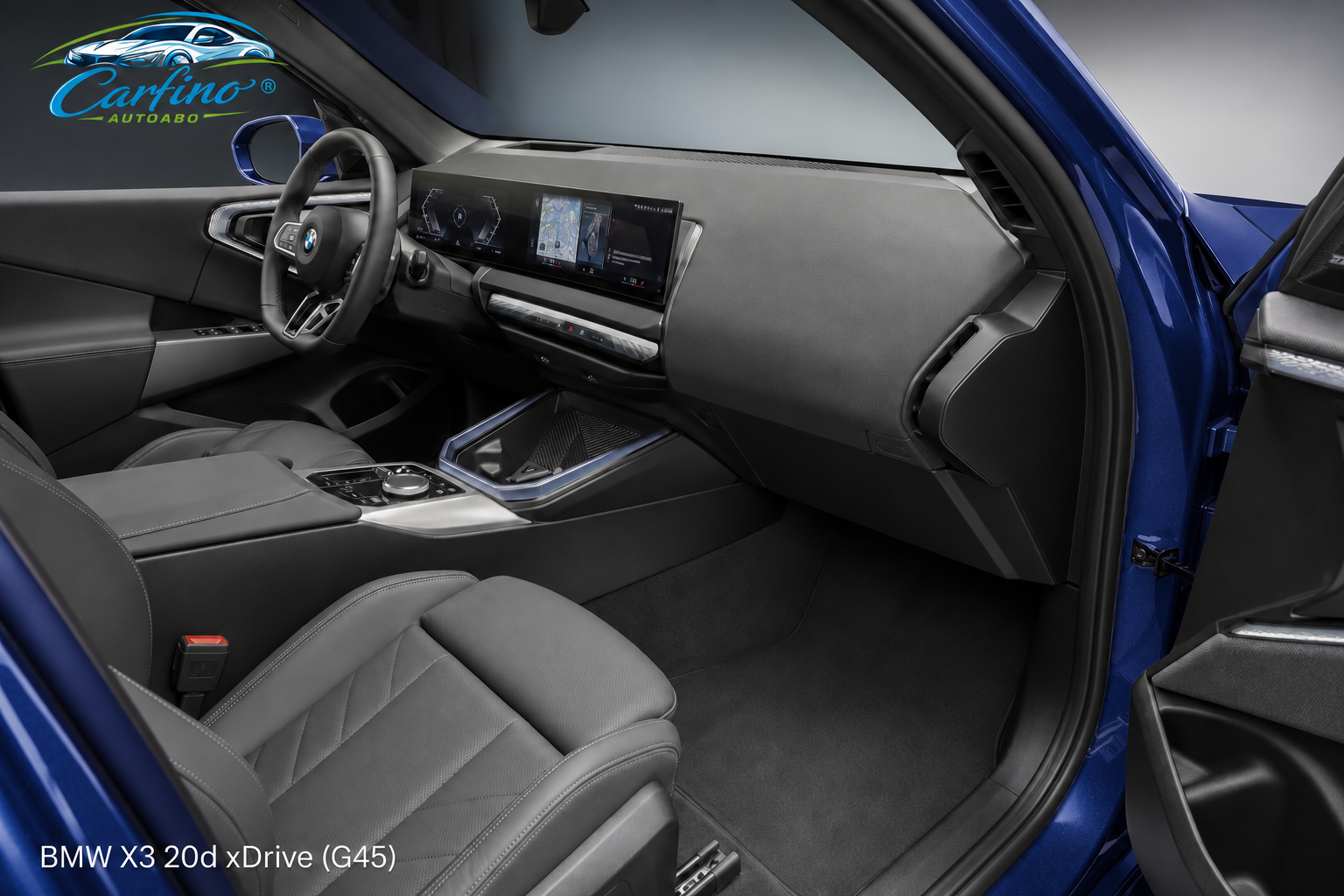 BMW X3 20d xDrive (G45) in Tansanitblau – Interior mit Carfino-Branding