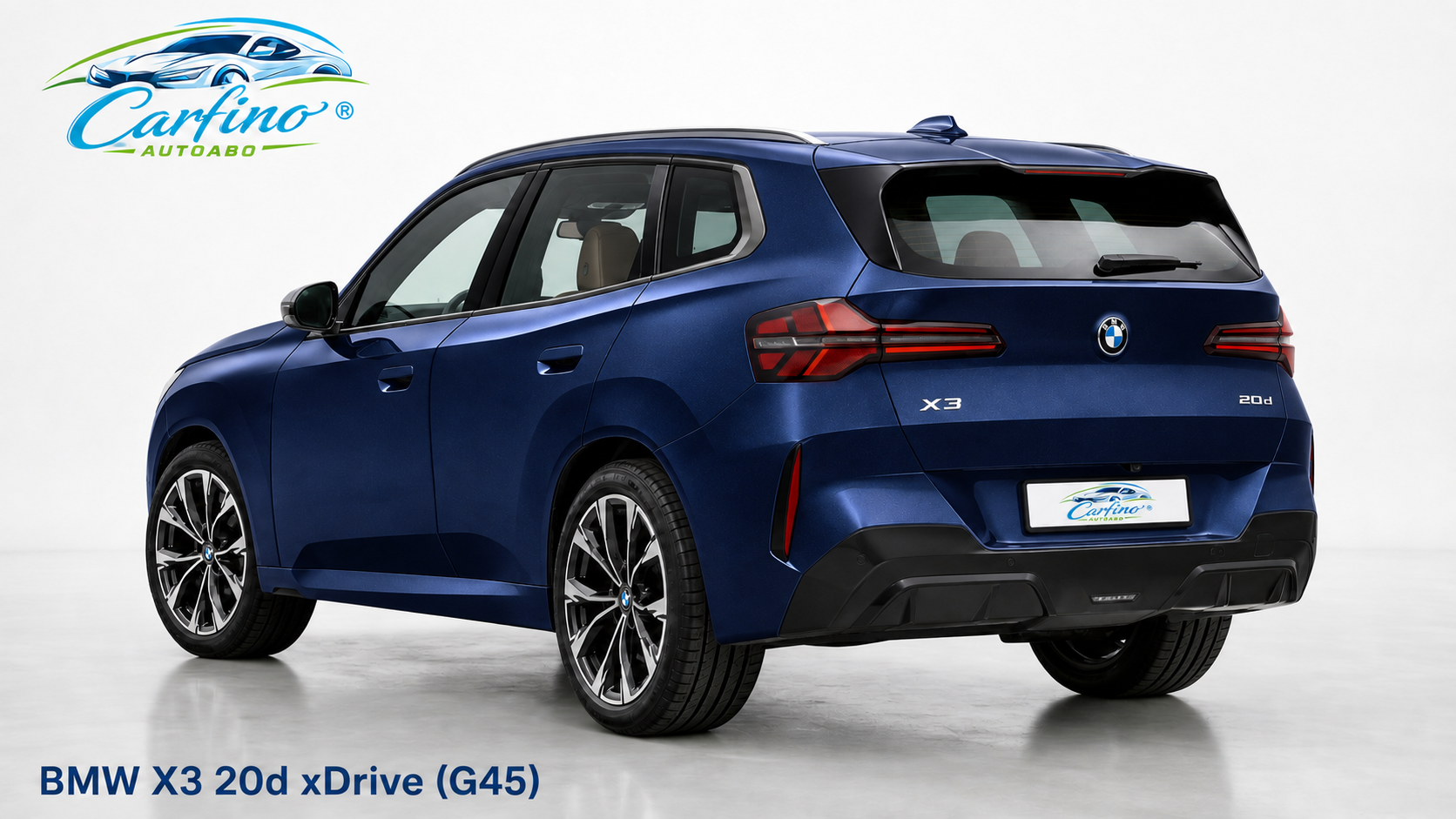 BMW X3 20d xDrive (G45) in Tansanitblau – Rear mit Carfino-Branding