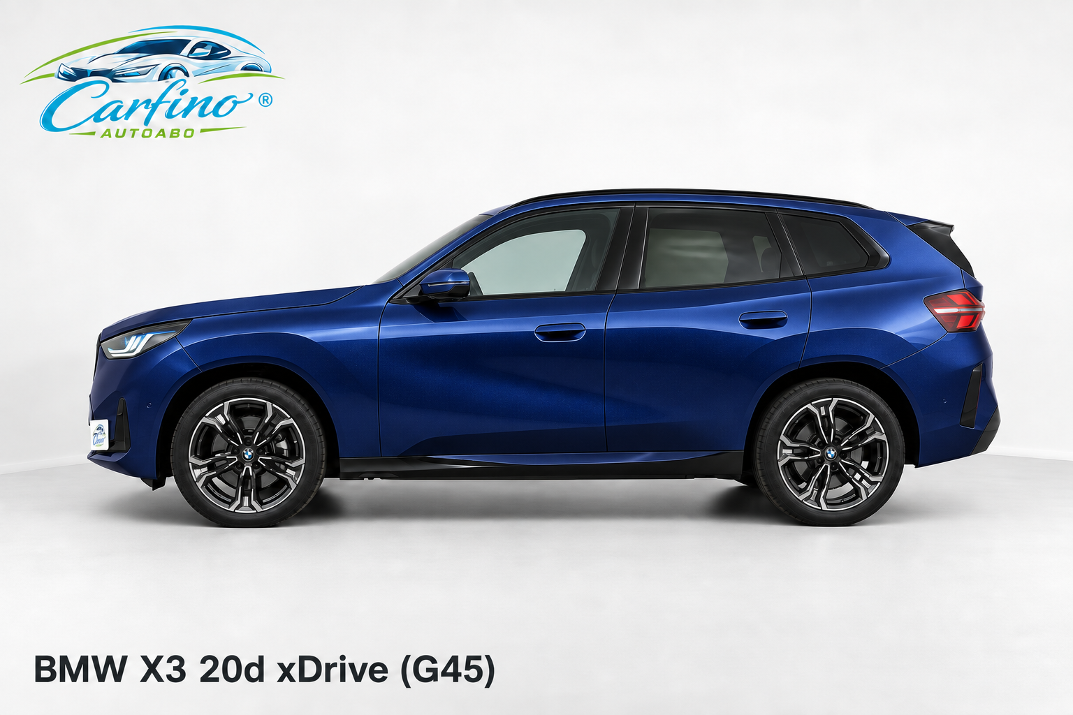 BMW X3 20d xDrive (G45) in Tansanitblau – Side mit Carfino-Branding