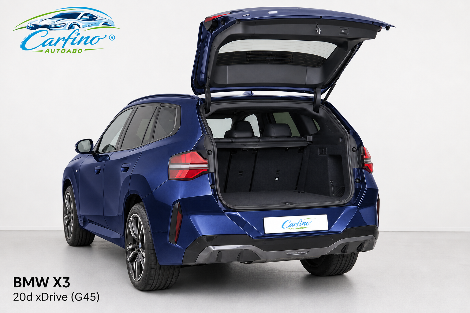 BMW X3 20d xDrive (G45) in Tansanitblau – Trunk mit Carfino-Branding