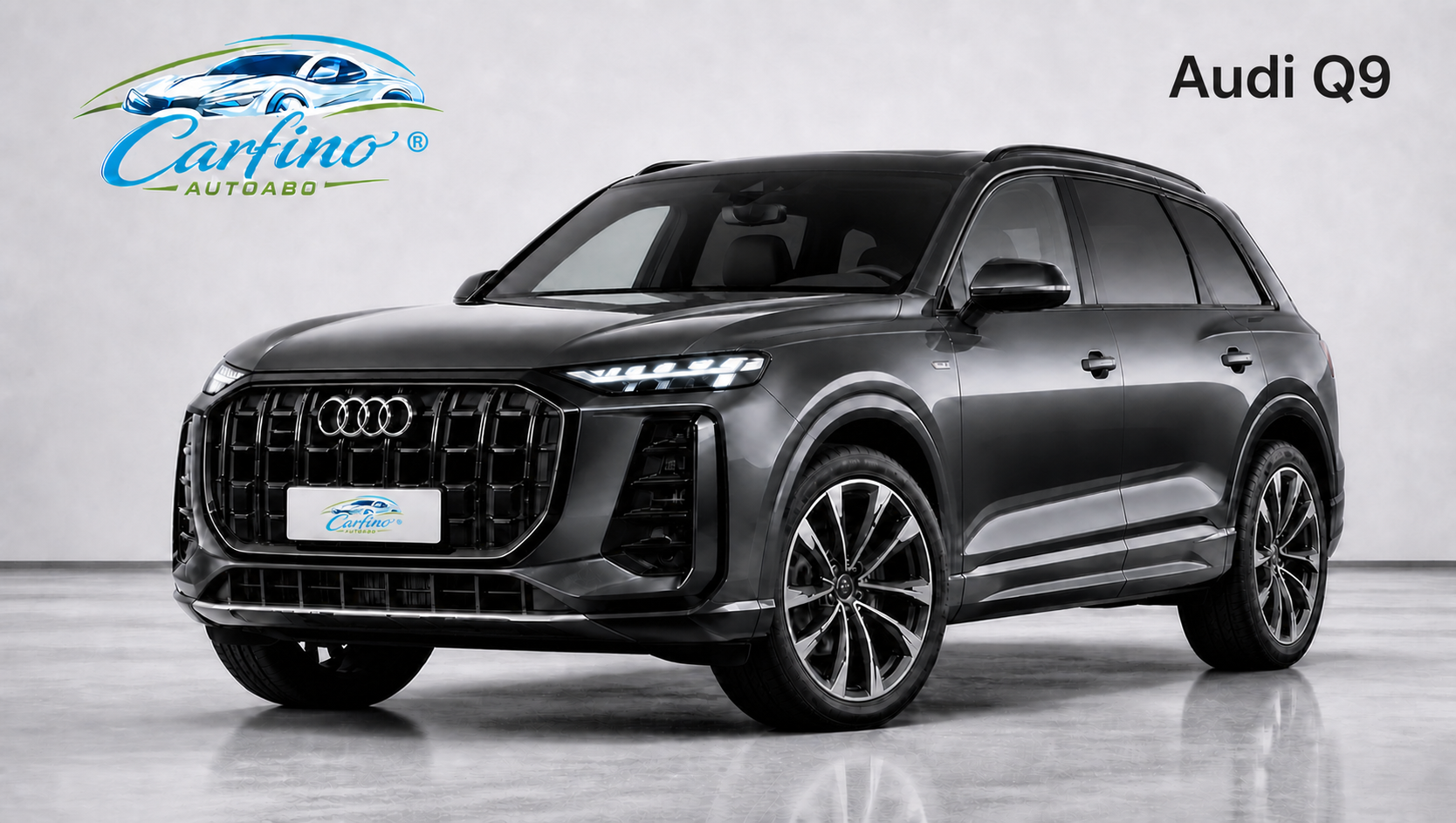 Audi Q9 SUV Studioansicht vorne mit kräftiger Typenbezeichnung oben rechts