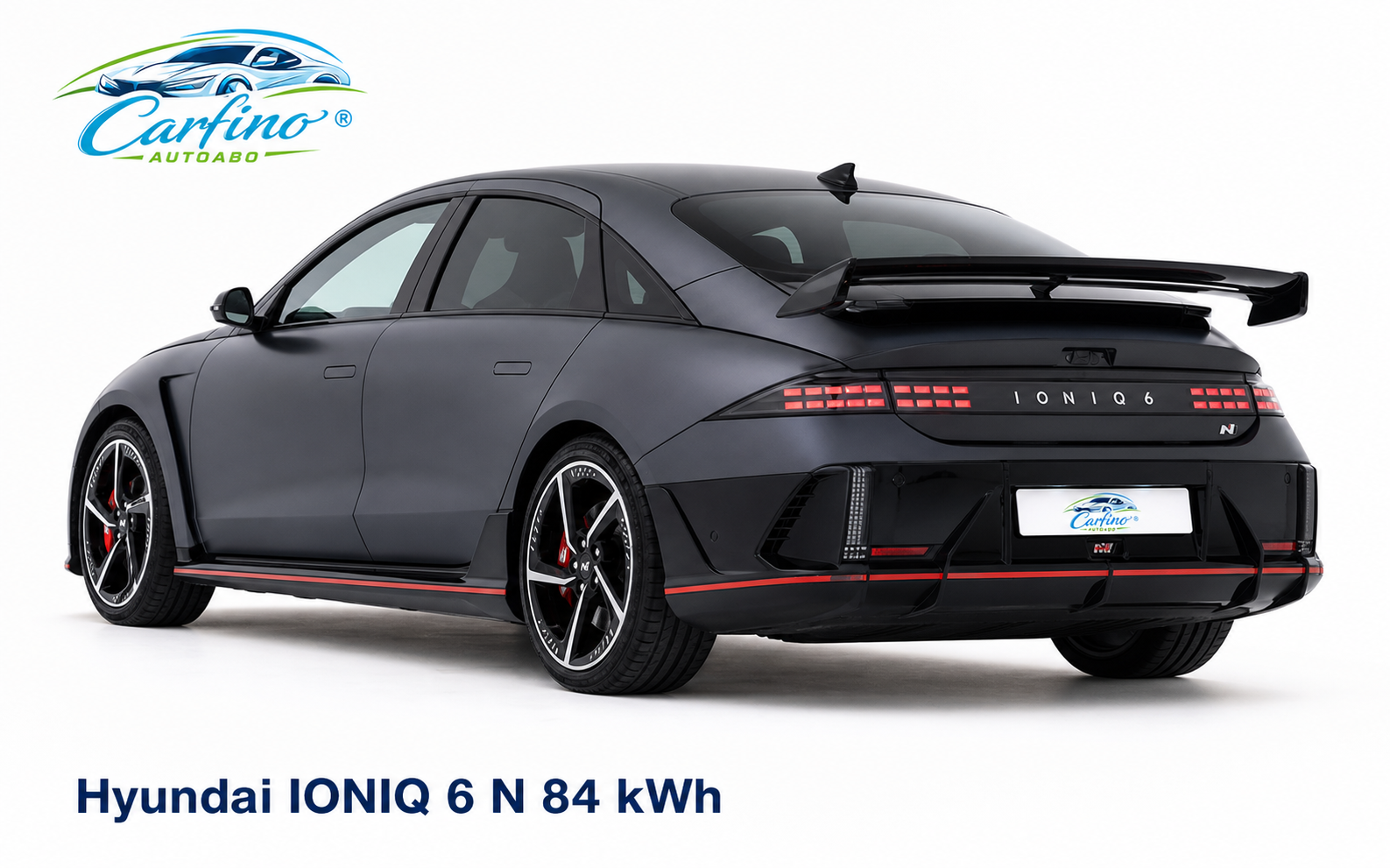 Hyundai IONIQ 6 N 84 kWh 4WD Heckansicht im Studio mit Carfino-Kennzeichen
