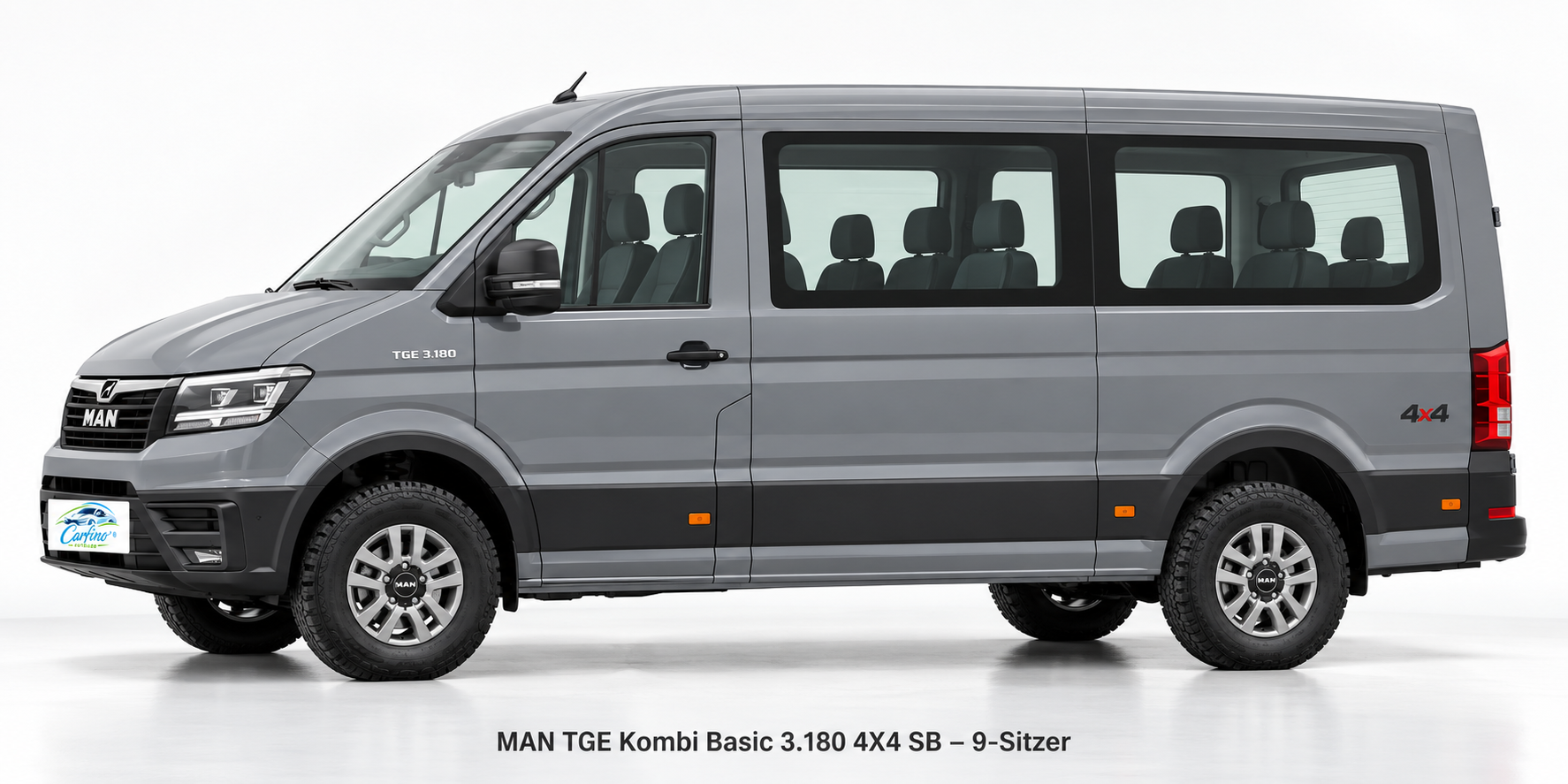 MAN TGE Kombi Basic 3.180 4X4 SB in Ascotgrau – Studioansicht mit Carfino-Kennzeichen