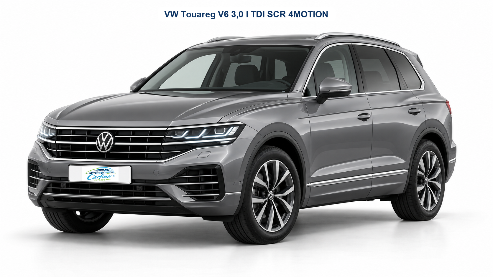 VW Touareg V6 3,0 l TDI SCR 4MOTION in Siliziumgrau Metallic – Frontansicht mit Carfino-Kennzeichen und Modellbezeichnung