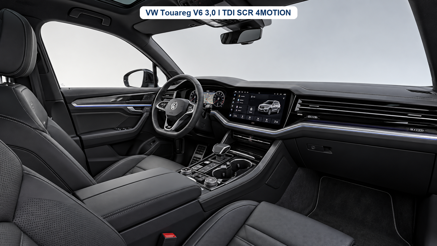 VW Touareg V6 3,0 l TDI SCR 4MOTION – Innenraum mit Linkslenker-Cockpit und Modellbezeichnung