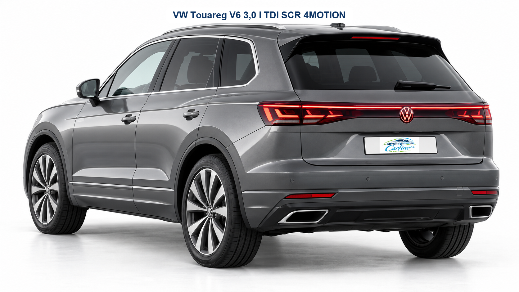 VW Touareg V6 3,0 l TDI SCR 4MOTION in Siliziumgrau Metallic – Heckansicht mit Carfino-Kennzeichen und Modellbezeichnung