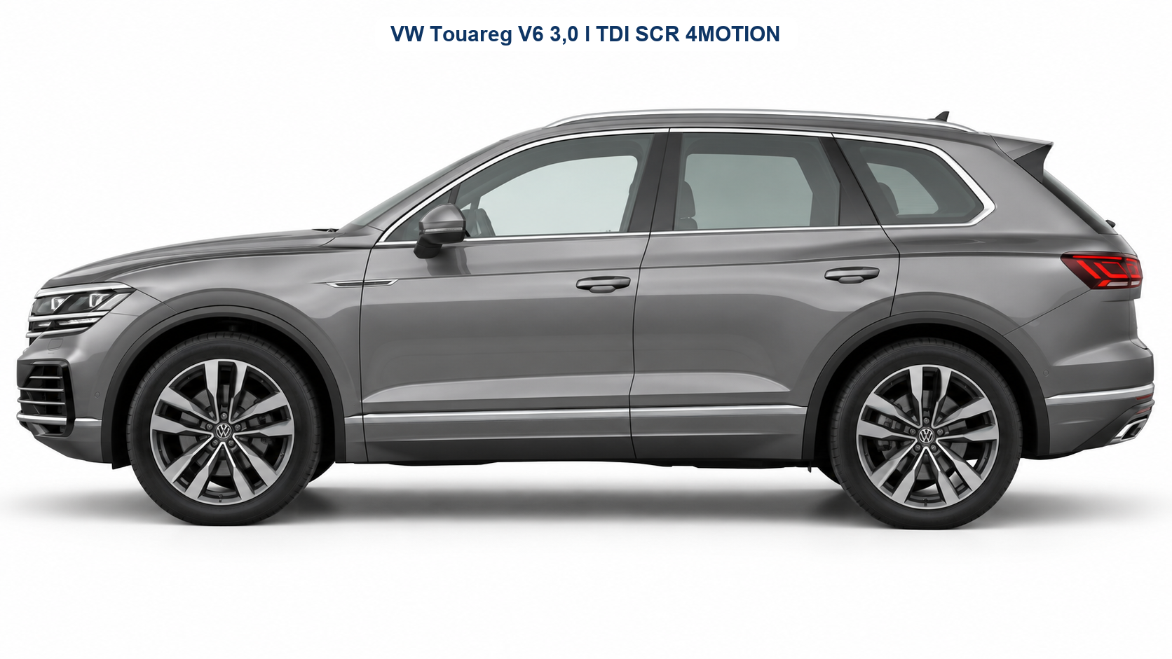 VW Touareg V6 3,0 l TDI SCR 4MOTION in Siliziumgrau Metallic – Seitenansicht mit Modellbezeichnung